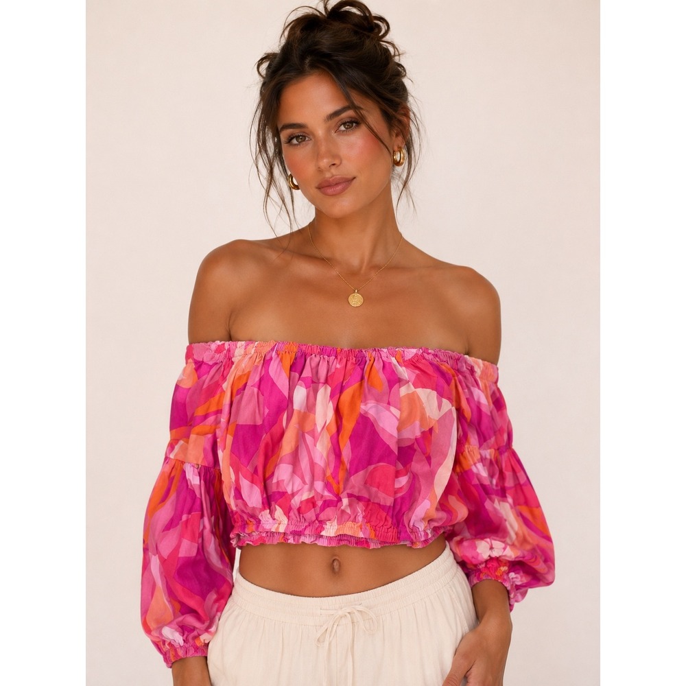 VICI Off Shoulder Ruffle Crop Top Medium Pink Geometric Boho Statement